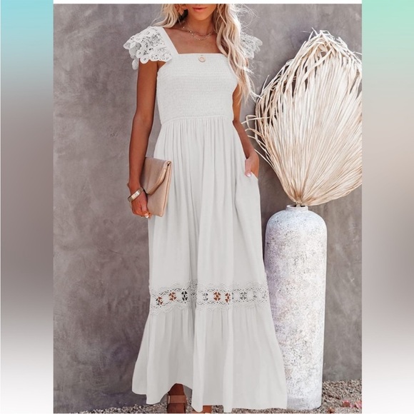 Boho Lace Smocked Fully Lined Ruched Bust Maxi Dress - Picture 2 of 4